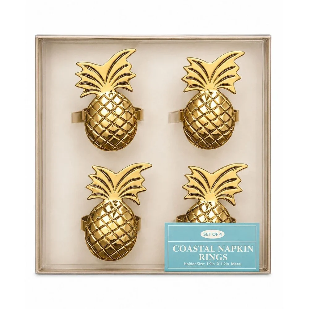 Pineapple Napkin Rings Set of 4 Gold Tone Coastal Beach Summer Cottage Decor